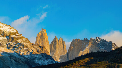 Torres del Paine at sunrise. bright sunny day