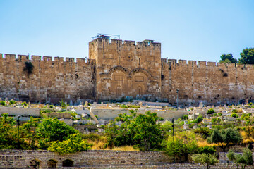 Jerusalem, Israel - 27 april 2021: Eastern Gate is sealed shut. Golden Gate or in Hebrew, Shaar...