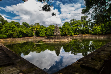 Ancient Buddhist Temple with Pond in Asia