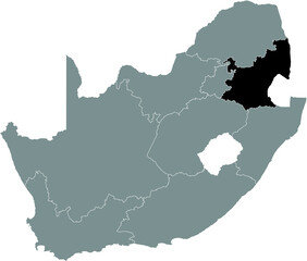 Black highlighted location map of the South African Mpumalanga province inside gray map of the Republic of South Africa