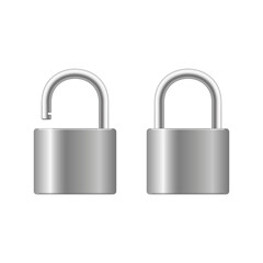 Realistic closed padlock for protection privacy isolated on white background. Art design metal steel lock. Closed and open. Vector.