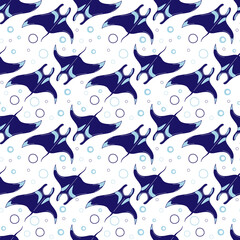 Seamless pattern with mantas on a white background. Vector wallpaper with sea animals.