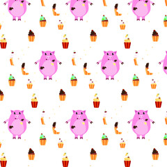 Cheerful childrens pattern. With muffins and a piglet . Textiles for children's clothing . Baner for a cafe . Vector.
