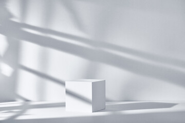 Background for product presentation with shadows and light. Empty cubic podium. Mockup.