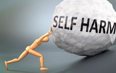 Self harm and painful human condition, pictured as a wooden human figure pushing heavy weight to show how hard it can be to deal with Self harm in human life, 3d illustration