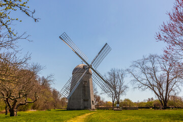 Shingled smock windmill at the Prescott Farm historic site in Middletown, Rhode Island