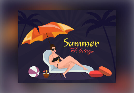 Modern Swimmer Girl Relaxing at Sun Lounger with Umbrella and Beach Elements for Summer Holidays