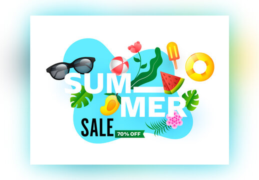 Summer Sale Poster Design with 70% Discount Offer and Realistic Beach Elements on Blue and White Background