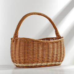 wooden basket of free space and white wall with shadows 
