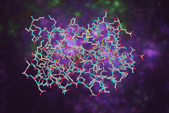 Molecular model of human interleukin-6 or IL-6. Scientific background. 3d illustration 