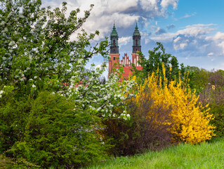 Poznan. Cathedral on Tumskiy Island on a sunny spring day.