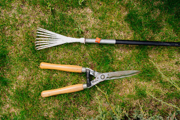Obraz premium garden tools. rake and secateur on the green grass. caring for the garden.