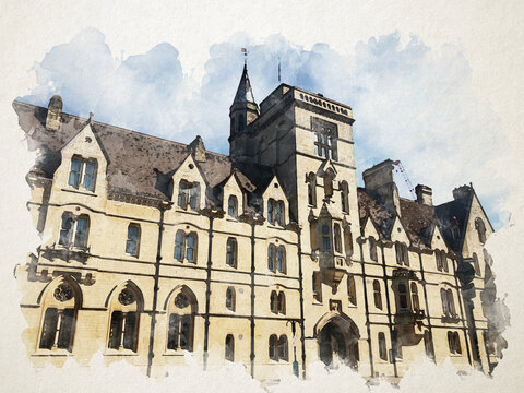 The old building in Oxford in watercolor