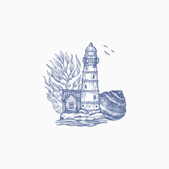 Sea elements composition. Vintage seashell illustration. Lighthouse, seashell, seaweed, sea. Vector illustration
