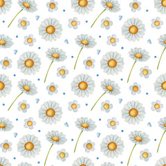 Obraz premium Seamless watercolor floral pattern with chamomile flowers on white background. Ideal for postcards, greeting cards, wrapping and other design.