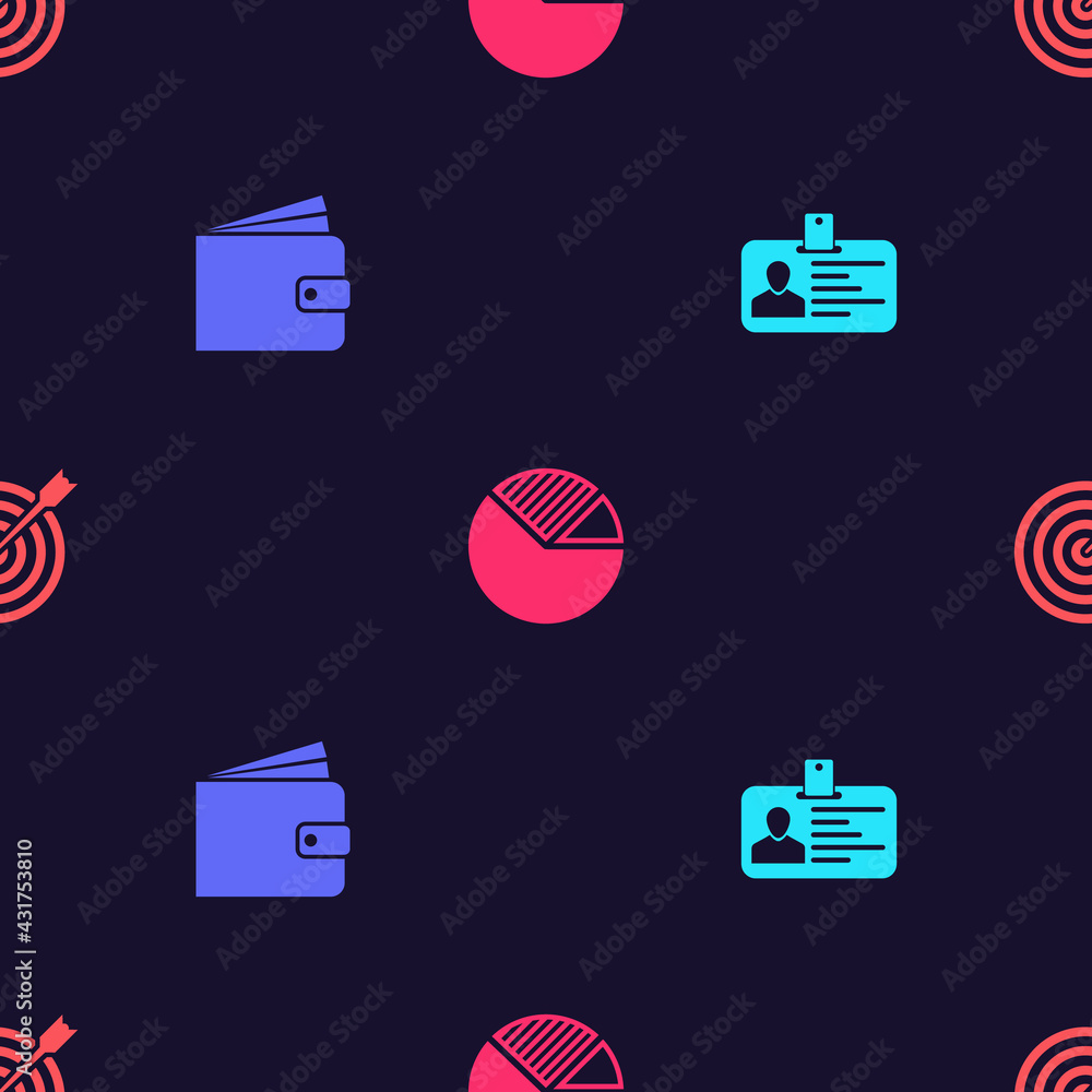 Poster set identification badge, wallet, pie chart infographic and target with arrow on seamless pattern. v