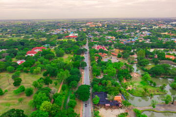 Aerial of Ayutthaya historical park located in Ayutthaya province , Thailand. Ayutthaya Historical Park is a historic site that has been registered as a World Heritage Site.