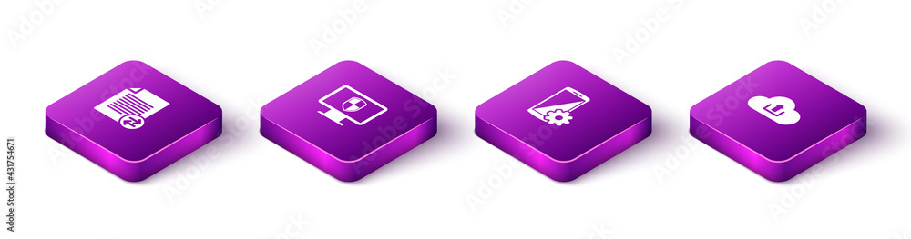 Poster set isometric transfer files, monitor and shield, setting smartphone and cloud upload icon. vector