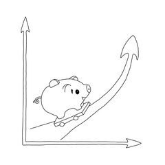 The outline of the piggy bank riding up the rising graph arrow. Interest rate financial and mortgage rates concept. Positive dynamic