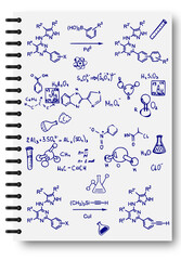 Ink chemistry formulas on a white notebook. Notepad, formulas, shapes, chemistry. The concept of education. The illustrations can be used to return to the school topic, chemistry