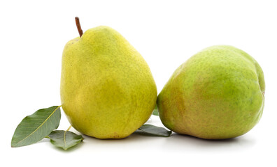 Two pears with a leaf.