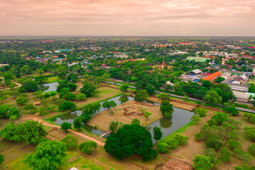 Aerial of Ayutthaya historical park located in Ayutthaya province , Thailand. Ayutthaya Historical Park is a historic site that has been registered as a World Heritage Site.