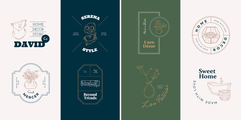 Sweet Home Vector Signs or Logo Templates Set. Retro Illustration with Classy Typography. Feminine Logo. Modern Logo Template for florist, photographer, fashion blogger, design studio.