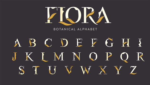 Vector Floral Alphabet with decorative leafs elements. Modern elegance font with uppercase letters. Vector Illustration.