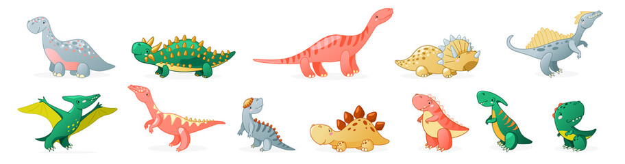 Cute cartoon dinosaur set. Funny dino characters for kids design. Vector illustration isolated on white background.