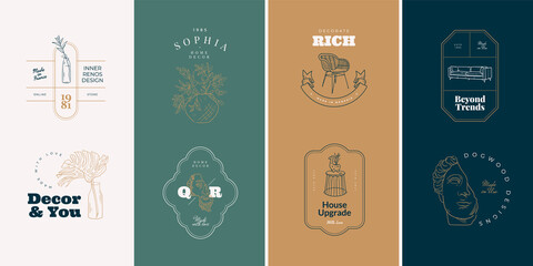 Naklejka premium Sweet Home Vector Signs or Logo Templates Set. Retro Illustration with Classy Typography. Feminine Logo. Modern Logo Template for florist, photographer, fashion blogger, design studio.