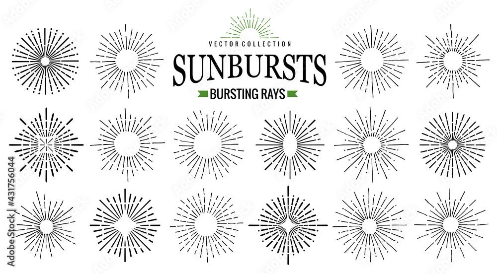 Poster sunburst icon set. retro hand drawn sparkle. geometric sun beams in different forms. bursting rays d