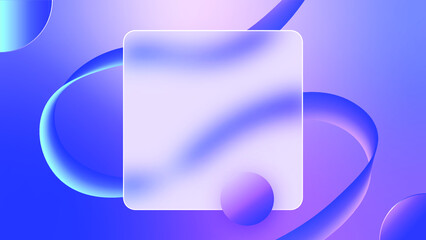 Modern layout in a minimalist glassmorphism style. A translucent glass frame sits above the gradient background. Nearby are decorative elements (flowing curved lines and circles). Vector illustration.