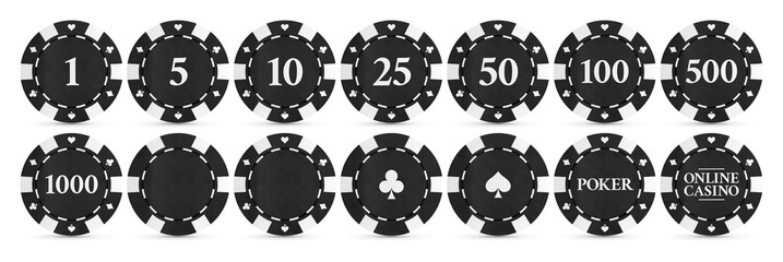 Black gambling chips isolated on white background. Casino tokens coins with playing cards symbols diamonds, spades, clubs and hearts. Numbers. 3D illustration