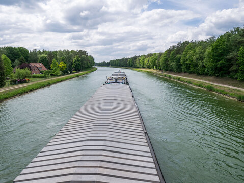 Bramsche, Lower Saxony, Germany - May 27, 2019: View of a boat on the Midland Canal (Mittellandkanal)