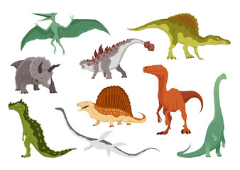 Dinosaurs flat icon collection. Colored isolated prehistoric reptile monsters on white background. Vector cartoon dino animals set including Pteranodon, Triceratops, Allosaurus, Dimetrodon