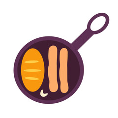 
A couple of sausages and a baguette in a frying pan. Fried sausages. Cut baguette .Isolated Vector illustration.