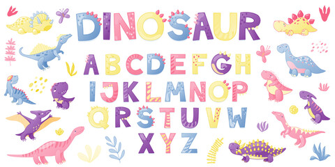 Cartoon cute Dinosaur alphabet. Dino font with letters . Children Vector illustration for t-shirts, cards, posters, birthday party events, paper design, kids and nursery design