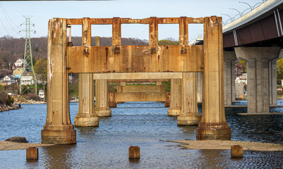 Old and new bridges through Sakonnet River in Tiverton, Rhode Island