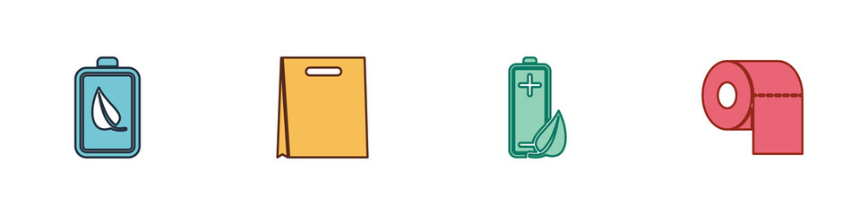 Set Eco nature leaf and battery, Shopping bag, and Toilet paper roll icon. Vector