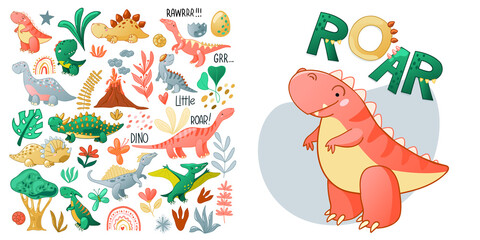 Cute cartoon dinosaur set. Funny dino characters for kids design. Vector illustration isolated on white background. © Tatiana Sidenko