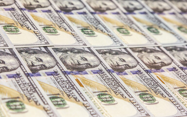 A lot of Money background. Dollars currency notes. Inflation rate. Economic crisis. Сurrency devaluation. Successful business. Close up, soft focus.