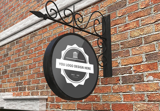 Outdoor Hanging Wall Round Sign Mockup