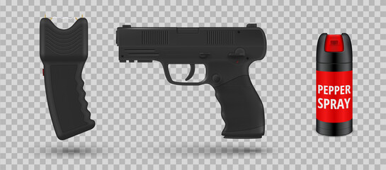 Collection of self defense equipment vector illustration taser or stun gun, pepper spray and pistol