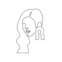 woman with wavy long hair with a large earring in the ear in the form of a wavy arch in the boho (scandi) style - linear drawing of a den head. concept of a logo for a handmade jewelry shop