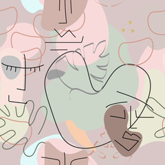 One line drawing. Abstract face seamless pattern.