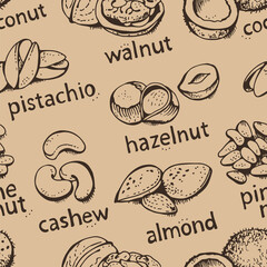 Nuts set vector seamless pattern, various nuts