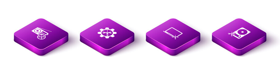 Set Isometric Radio service, Wrench and screwdriver in gear, Laptop and Hard disk icon. Vector