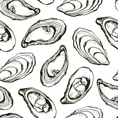 Vector seamless background of hand drawn oysters isolated on a white background