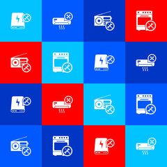 Set Power bank service, Air conditioner, Radio and Oven icon. Vector