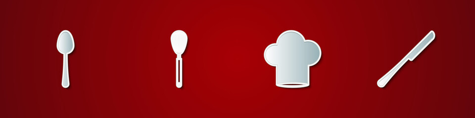 Set Spoon, Kitchen whisk, Chef hat and Knife icon. Vector